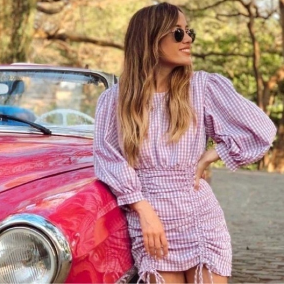 ZARA Blogger Lilac Gingham Ruched Mini Dress - Picture 3 of 16